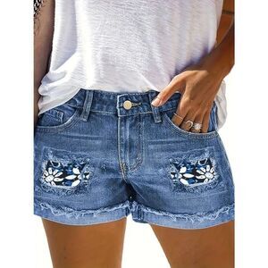 Womens Distressed Floral Patches Cuffed Hem Denim Blue Shorts Size XL